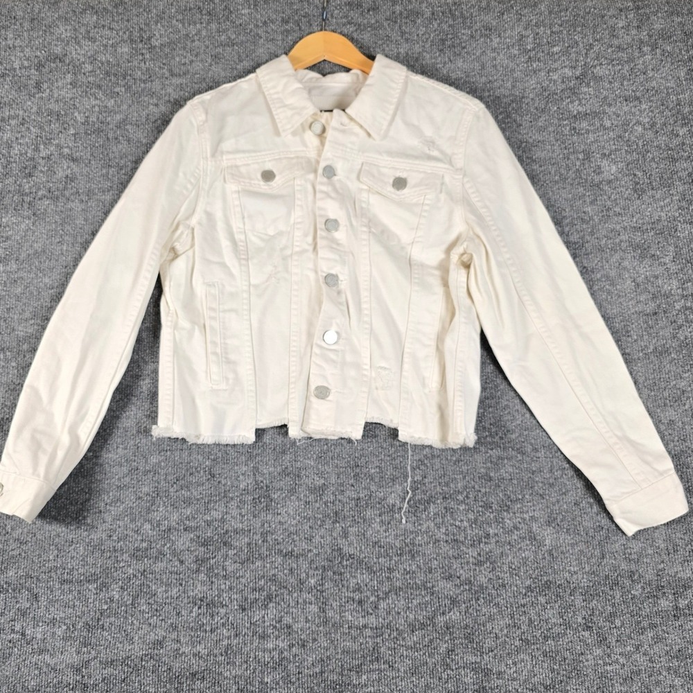 BLANK‎ NYC White Denim Distressed Cropped Trucker Jacket Size Large